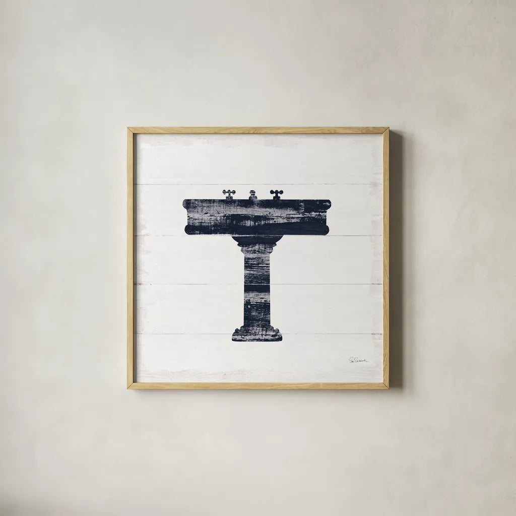 Shiplap Bath II Navy by Sue Schlabach. Shown in a natural wood glass frame for a timeless modern aesthetic. Available as an archival giclee rolled canvas, fine art paper, or poster print. SKU 56032a.