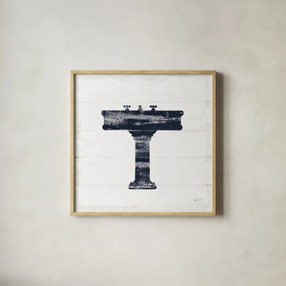 Shiplap Bath II Navy by Sue Schlabach. Shown in a natural wood glass frame for a timeless modern aesthetic. Available as an archival giclee rolled canvas, fine art paper, or poster print. SKU 56032a.