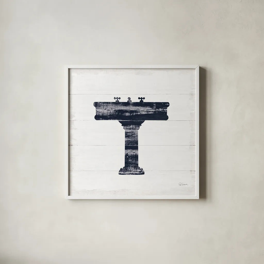 Shiplap Bath II Navy by Sue Schlabach. Shown in a crisp white glass frame for a clean and minimalist style. Available as an archival giclee rolled canvas, fine art paper, or poster print. SKU 56032a.