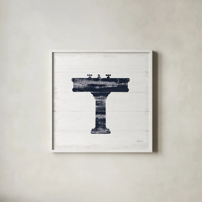 Shiplap Bath II Navy by Sue Schlabach. Shown in a crisp white glass frame for a clean and minimalist style. Available as an archival giclee rolled canvas, fine art paper, or poster print. SKU 56032a.