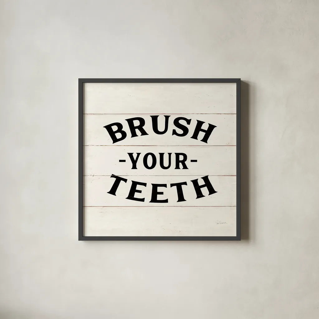 Shiplap Bath III Less Distressed by Sue Schlabach. Shown in a sleek black glass frame for a contemporary gallery look. Available as an archival giclee rolled canvas, fine art paper, or poster print. SKU 58511a.