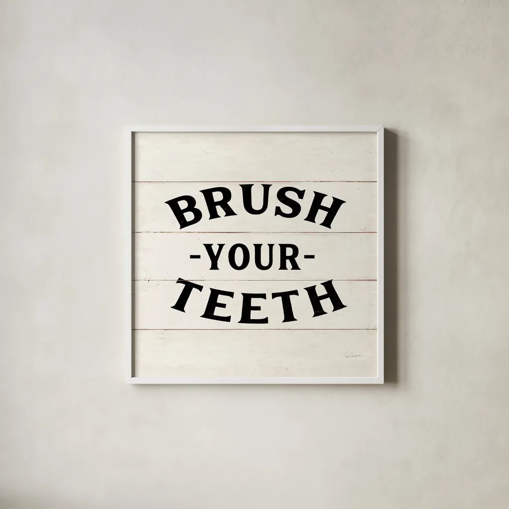 Shiplap Bath III Less Distressed by Sue Schlabach. Shown in a crisp white glass frame for a clean and minimalist style. Available as an archival giclee rolled canvas, fine art paper, or poster print. SKU 58511a.