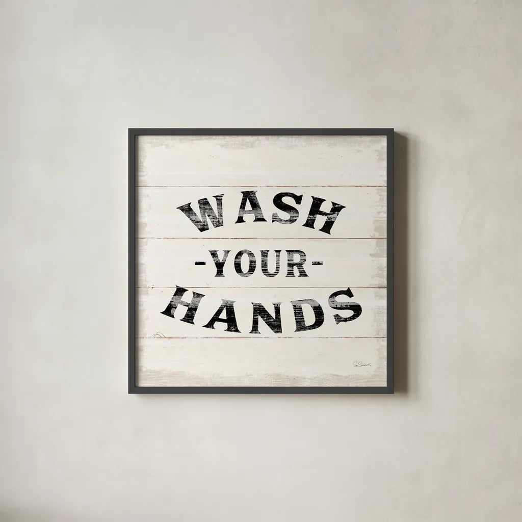 Shiplap Bath IV by Sue Schlabach. Shown in a sleek black glass frame for a contemporary gallery look. Available as an archival giclee rolled canvas, fine art paper, or poster print. SKU 49541a.