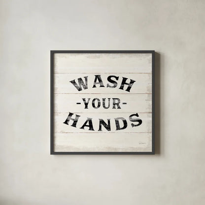 Shiplap Bath IV by Sue Schlabach. Shown in a sleek black glass frame for a contemporary gallery look. Available as an archival giclee rolled canvas, fine art paper, or poster print. SKU 49541a.