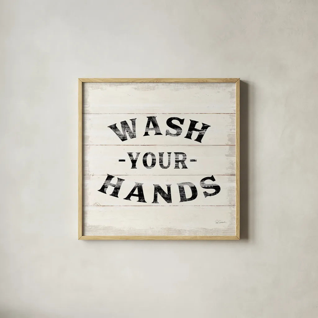 Shiplap Bath IV by Sue Schlabach. Shown in a natural wood glass frame for a timeless modern aesthetic. Available as an archival giclee rolled canvas, fine art paper, or poster print. SKU 49541a.