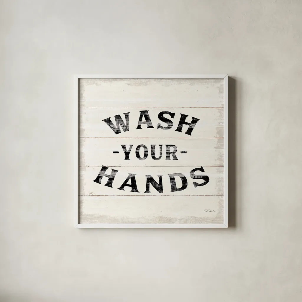 Shiplap Bath IV by Sue Schlabach. Shown in a crisp white glass frame for a clean and minimalist style. Available as an archival giclee rolled canvas, fine art paper, or poster print. SKU 49541a.