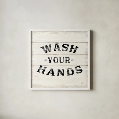 Shiplap Bath IV by Sue Schlabach. Shown in a crisp white glass frame for a clean and minimalist style. Available as an archival giclee rolled canvas, fine art paper, or poster print. SKU 49541a.