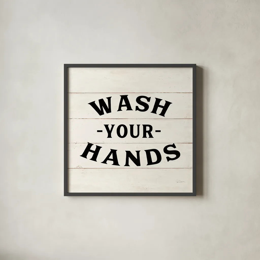 Shiplap Bath IV Less Distressed by Sue Schlabach. Shown in a sleek black glass frame for a contemporary gallery look. Available as an archival giclee rolled canvas, fine art paper, or poster print. SKU 58512a.
