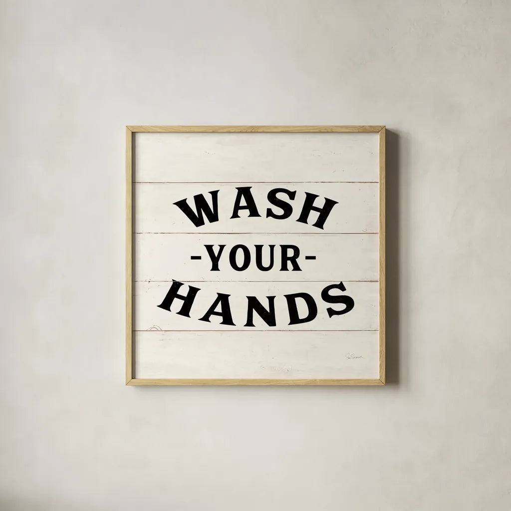 Shiplap Bath IV Less Distressed by Sue Schlabach. Shown in a natural wood glass frame for a timeless modern aesthetic. Available as an archival giclee rolled canvas, fine art paper, or poster print. SKU 58512a.