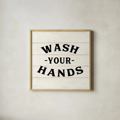 Shiplap Bath IV Less Distressed by Sue Schlabach. Shown in a natural wood glass frame for a timeless modern aesthetic. Available as an archival giclee rolled canvas, fine art paper, or poster print. SKU 58512a.