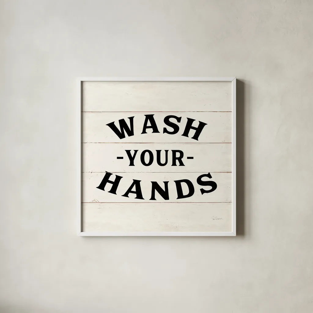 Shiplap Bath IV Less Distressed by Sue Schlabach. Shown in a crisp white glass frame for a clean and minimalist style. Available as an archival giclee rolled canvas, fine art paper, or poster print. SKU 58512a.