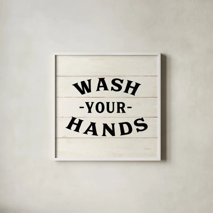 Shiplap Bath IV Less Distressed by Sue Schlabach. Shown in a crisp white glass frame for a clean and minimalist style. Available as an archival giclee rolled canvas, fine art paper, or poster print. SKU 58512a.