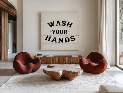 Shiplap Bath IV Less Distressed by Sue Schlabach. Shown as extra-large giant wall art in a modern living room. Available as an archival giclee rolled canvas, fine art paper, or poster print. SKU 58512a.