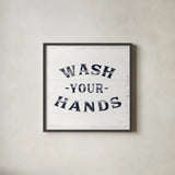 Shiplap Bath IV Navy by Sue Schlabach. Shown in a sleek black glass frame for a contemporary gallery look. Available as an archival giclee rolled canvas, fine art paper, or poster print. SKU 56034a.