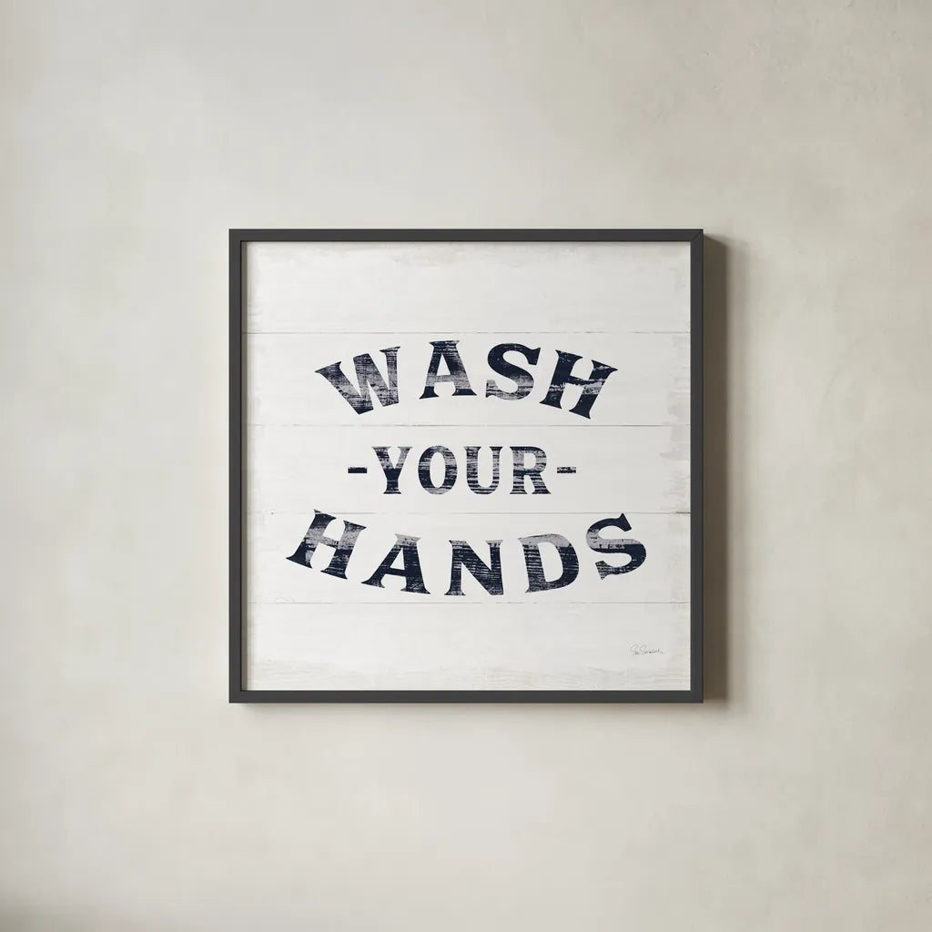 Shiplap Bath IV Navy by Sue Schlabach. Shown in a sleek black glass frame for a contemporary gallery look. Available as an archival giclee rolled canvas, fine art paper, or poster print. SKU 56034a.