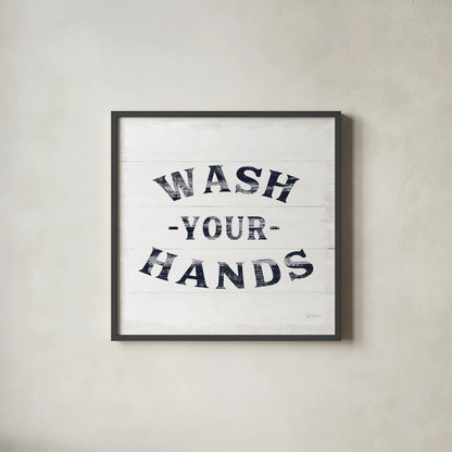 Shiplap Bath IV Navy by Sue Schlabach. Shown in a sleek black glass frame for a contemporary gallery look. Available as an archival giclee rolled canvas, fine art paper, or poster print. SKU 56034a.