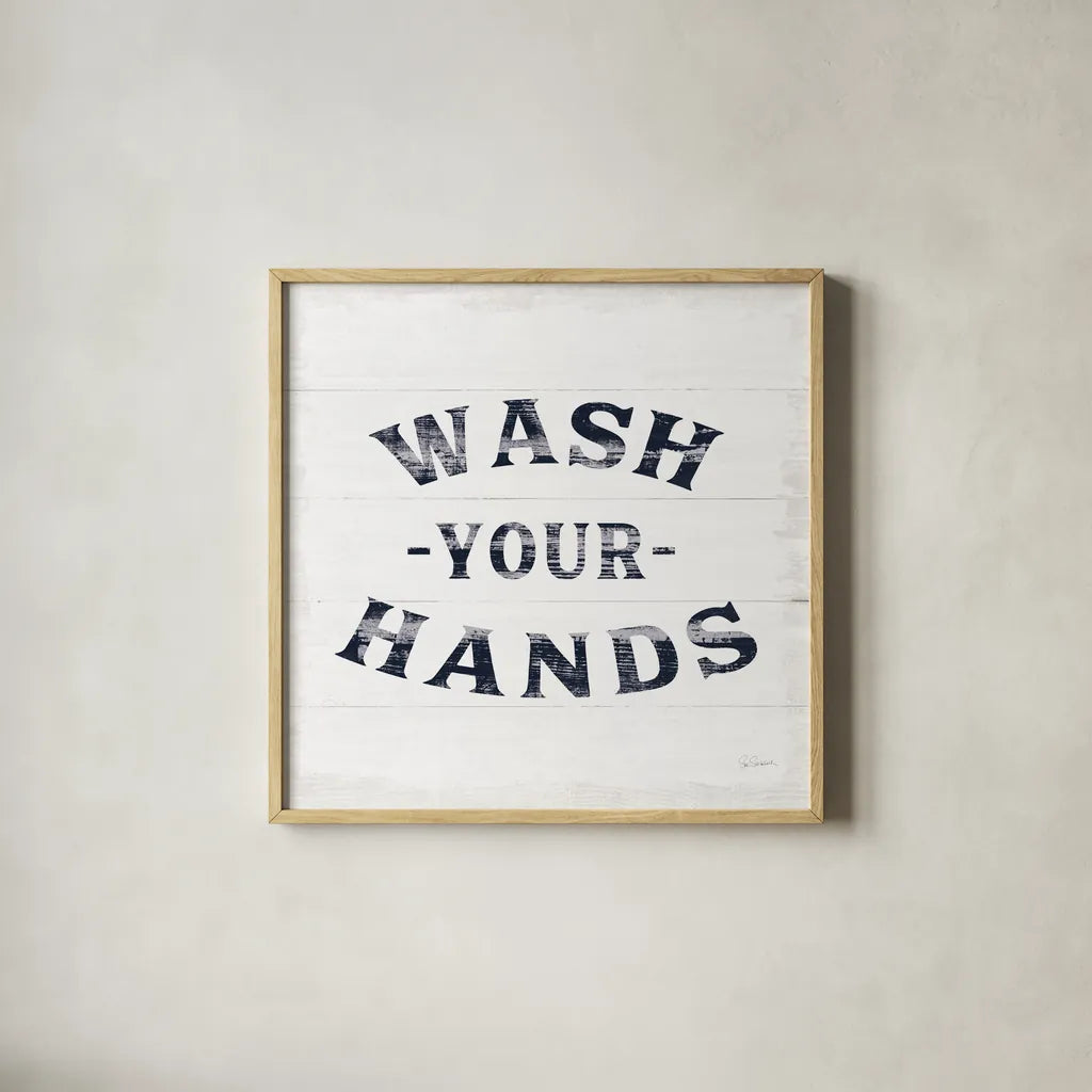 Shiplap Bath IV Navy by Sue Schlabach. Shown in a natural wood glass frame for a timeless modern aesthetic. Available as an archival giclee rolled canvas, fine art paper, or poster print. SKU 56034a.