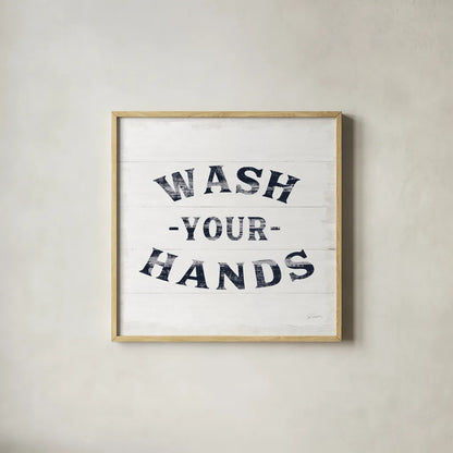 Shiplap Bath IV Navy by Sue Schlabach. Shown in a natural wood glass frame for a timeless modern aesthetic. Available as an archival giclee rolled canvas, fine art paper, or poster print. SKU 56034a.