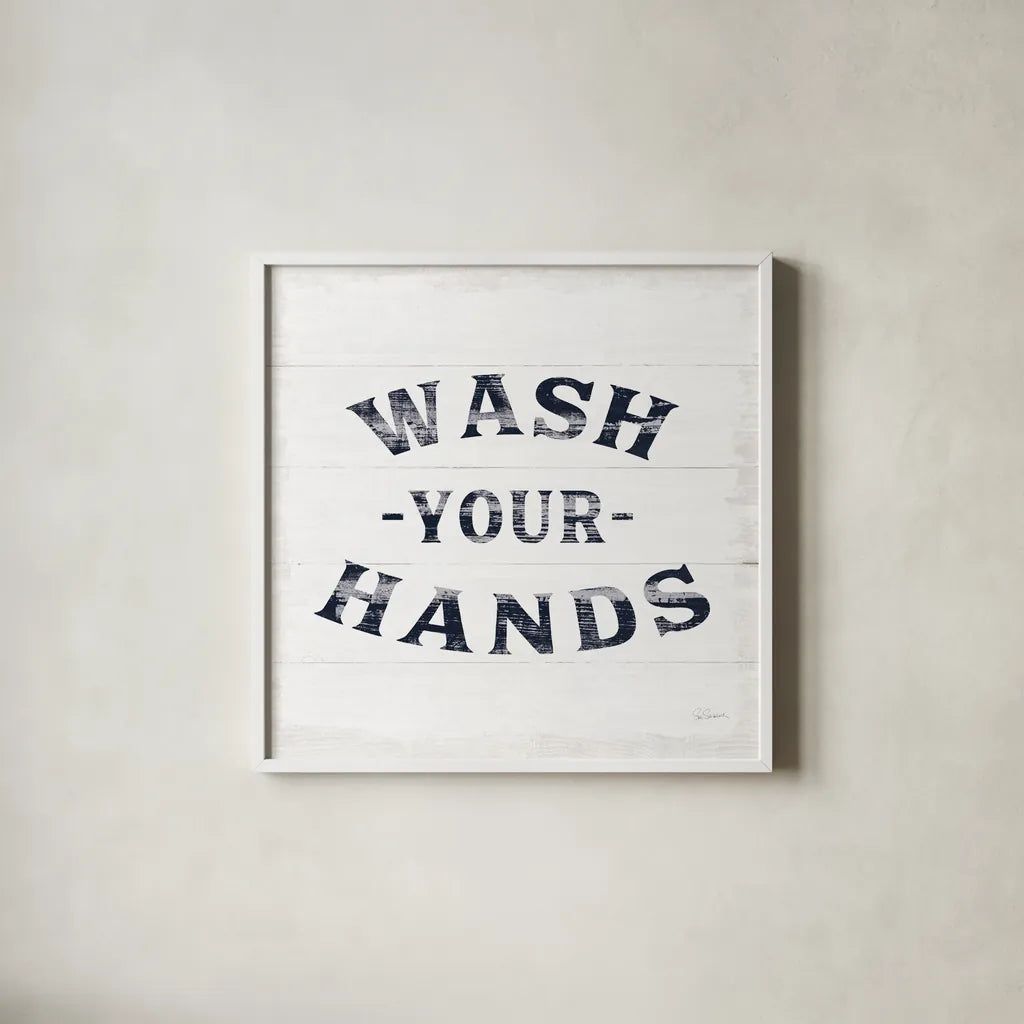 Shiplap Bath IV Navy by Sue Schlabach. Shown in a crisp white glass frame for a clean and minimalist style. Available as an archival giclee rolled canvas, fine art paper, or poster print. SKU 56034a.