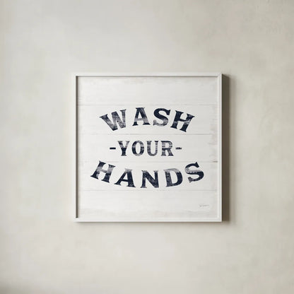 Shiplap Bath IV Navy by Sue Schlabach. Shown in a crisp white glass frame for a clean and minimalist style. Available as an archival giclee rolled canvas, fine art paper, or poster print. SKU 56034a.