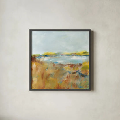 Sienna Fields by Sue Schlabach. Shown in a sleek black glass frame for a contemporary gallery look. Available as an archival giclee rolled canvas, fine art paper, or poster print. SKU 71540a.