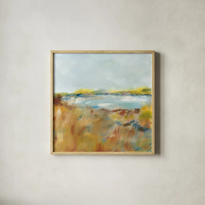 Sienna Fields by Sue Schlabach. Shown in a natural wood glass frame for a timeless modern aesthetic. Available as an archival giclee rolled canvas, fine art paper, or poster print. SKU 71540a.