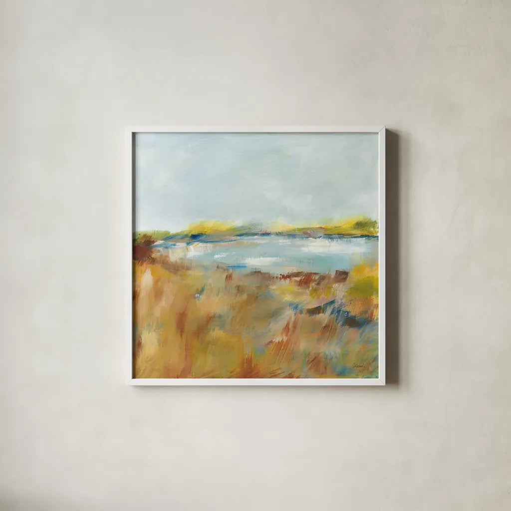 Sienna Fields by Sue Schlabach. Shown in a crisp white glass frame for a clean and minimalist style. Available as an archival giclee rolled canvas, fine art paper, or poster print. SKU 71540a.