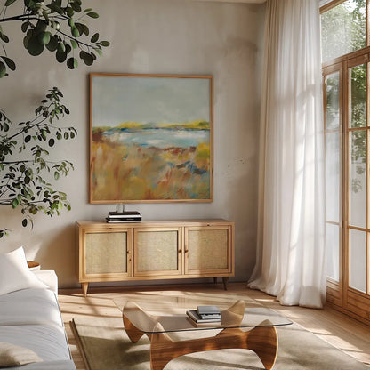 Sienna Fields by Sue Schlabach. Shown in a natural wood frame in a cozy modern living room. Available as an archival giclee rolled canvas, fine art paper, or poster print. SKU 71540a.
