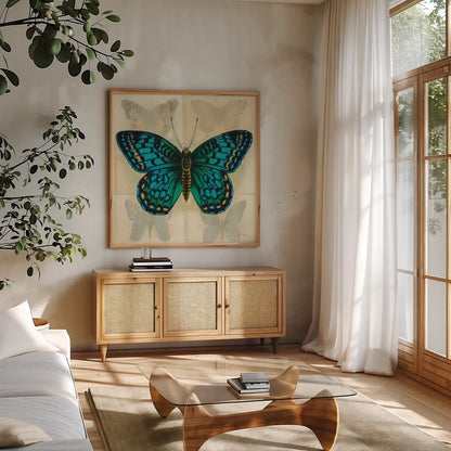 Silk Butterfly I No Border by Sue Schlabach. Shown in a natural wood frame in a cozy modern living room. Available as an archival giclee rolled canvas, fine art paper, or poster print. SKU 44504a.