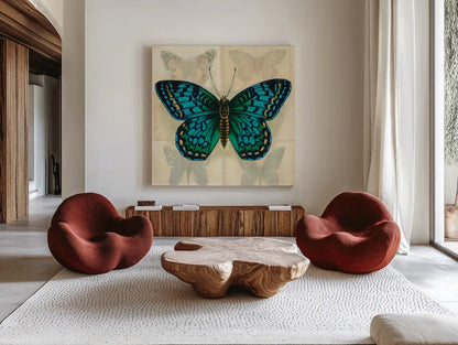 Silk Butterfly I No Border by Sue Schlabach. Shown as extra-large giant wall art in a modern living room. Available as an archival giclee rolled canvas, fine art paper, or poster print. SKU 44504a.