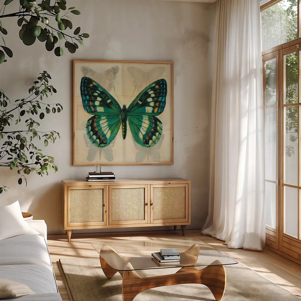 Silk Butterfly II No Border by Sue Schlabach. Shown in a natural wood frame in a cozy modern living room. Available as an archival giclee rolled canvas, fine art paper, or poster print. SKU 44505a.