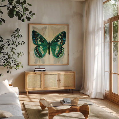 Silk Butterfly II No Border by Sue Schlabach. Shown in a natural wood frame in a cozy modern living room. Available as an archival giclee rolled canvas, fine art paper, or poster print. SKU 44505a.