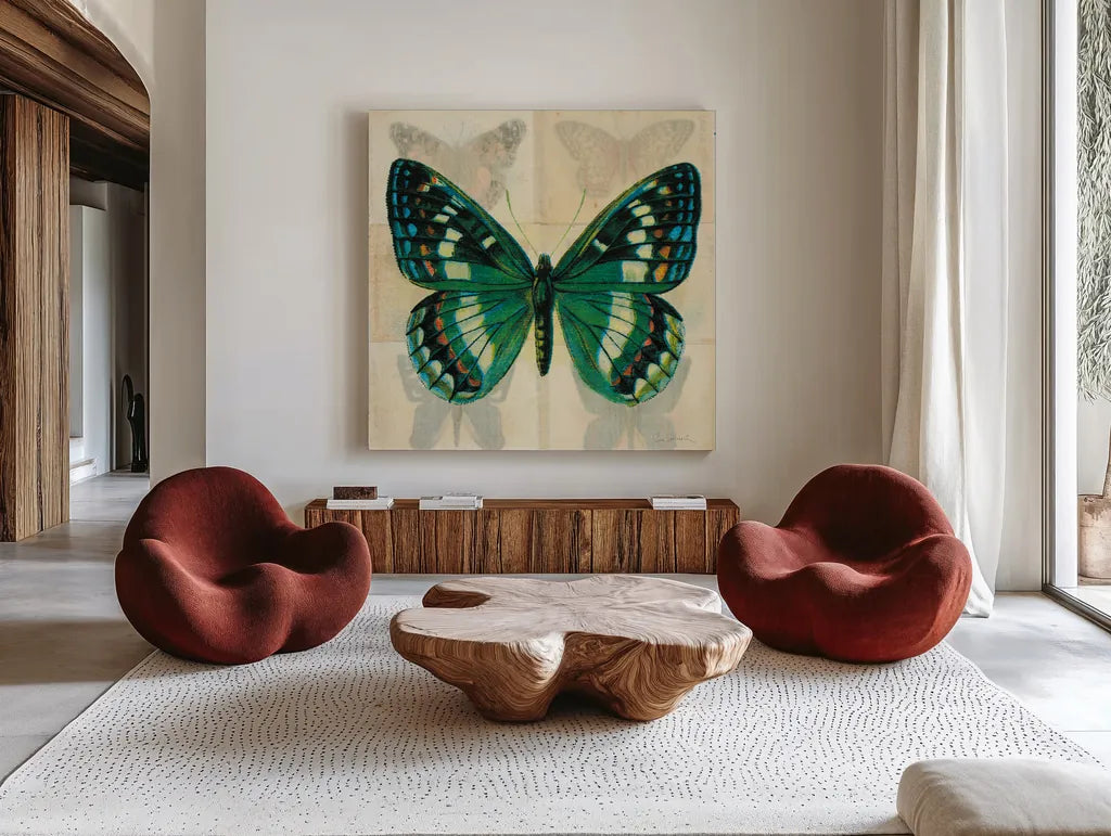 Silk Butterfly II No Border by Sue Schlabach. Shown as extra-large giant wall art in a modern living room. Available as an archival giclee rolled canvas, fine art paper, or poster print. SKU 44505a.