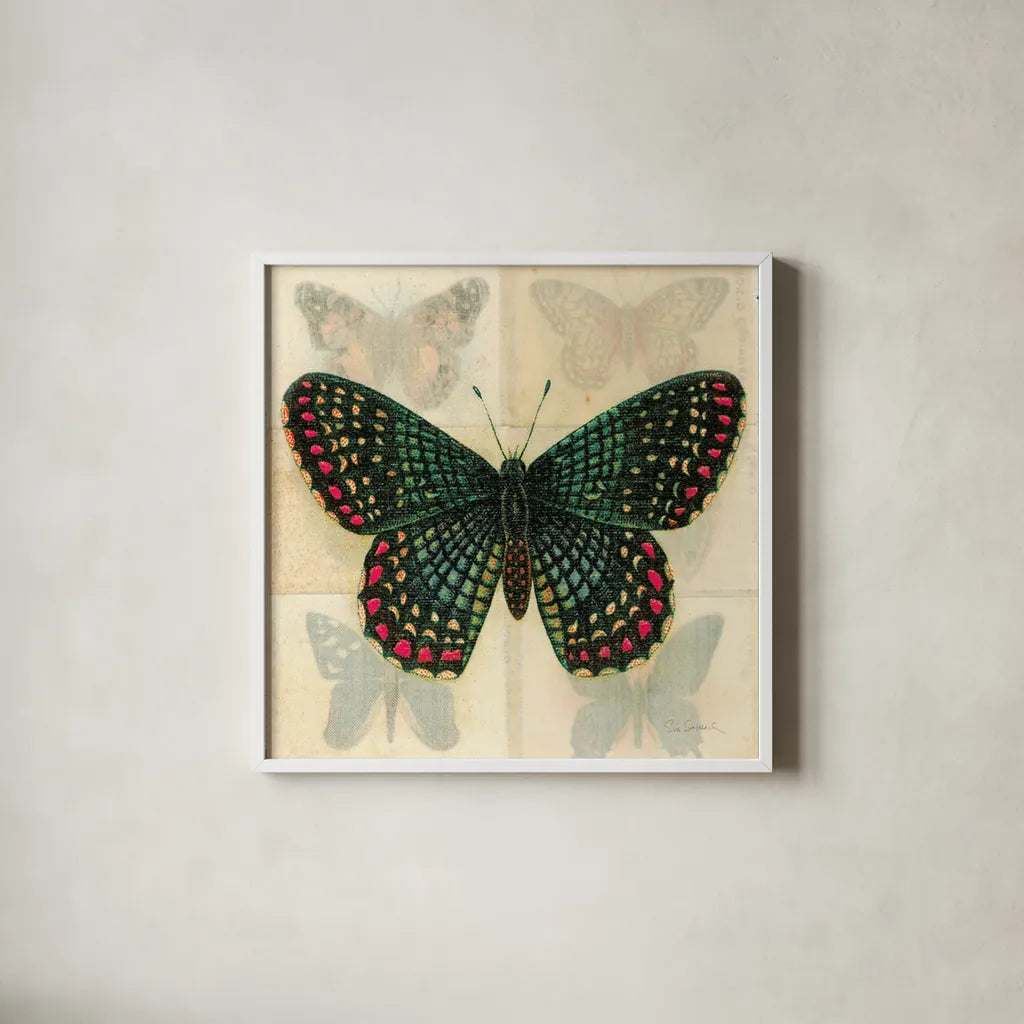 Silk Butterfly III No Border by Sue Schlabach. Shown in a crisp white glass frame for a clean and minimalist style. Available as an archival giclee rolled canvas, fine art paper, or poster print. SKU 44506a.