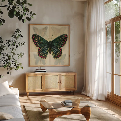 Silk Butterfly III No Border by Sue Schlabach. Shown in a natural wood frame in a cozy modern living room. Available as an archival giclee rolled canvas, fine art paper, or poster print. SKU 44506a.