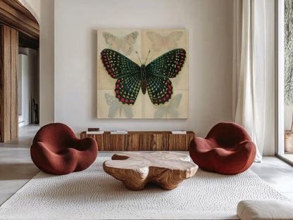 Silk Butterfly III No Border by Sue Schlabach. Shown as extra-large giant wall art in a modern living room. Available as an archival giclee rolled canvas, fine art paper, or poster print. SKU 44506a.