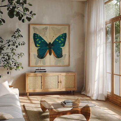 Silk Butterfly IV No Border by Sue Schlabach. Shown in a natural wood frame in a cozy modern living room. Available as an archival giclee rolled canvas, fine art paper, or poster print. SKU 44502a.