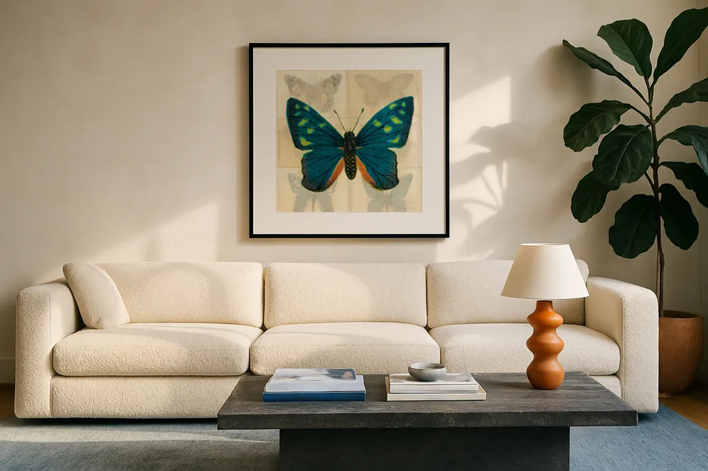 Silk Butterfly IV No Border by Sue Schlabach. Displayed in a glass frame with matte in a clean modern living room. Available as an archival giclee rolled canvas, fine art paper, or poster print. SKU 44502a.
