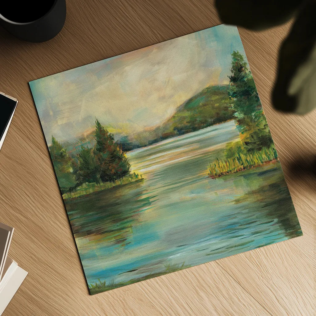 Silver Lake by Sue Schlabach. Shown as a detailed flat fine art print, highlighting archival giclee quality. Available as an archival giclee rolled canvas, fine art paper, or poster print. SKU 36117a.