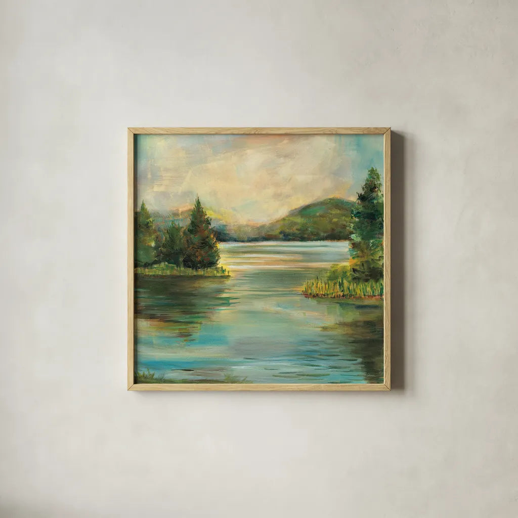 Silver Lake by Sue Schlabach. Shown in a natural wood glass frame for a timeless modern aesthetic. Available as an archival giclee rolled canvas, fine art paper, or poster print. SKU 36117a.