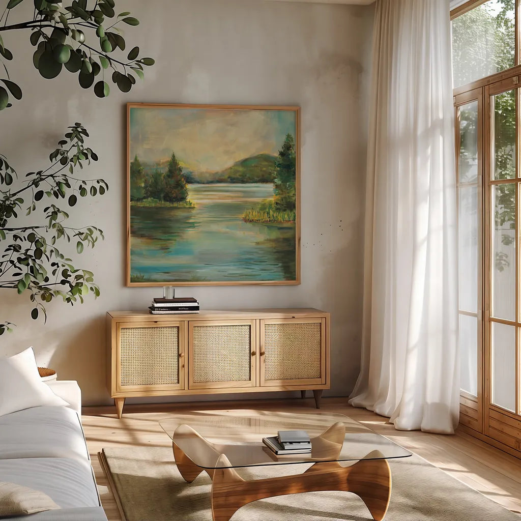 Silver Lake by Sue Schlabach. Shown in a natural wood frame in a cozy modern living room. Available as an archival giclee rolled canvas, fine art paper, or poster print. SKU 36117a.