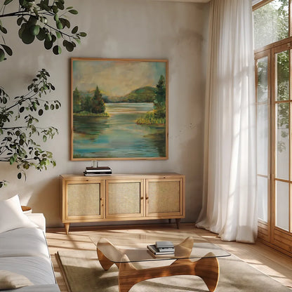 Silver Lake by Sue Schlabach. Shown in a natural wood frame in a cozy modern living room. Available as an archival giclee rolled canvas, fine art paper, or poster print. SKU 36117a.
