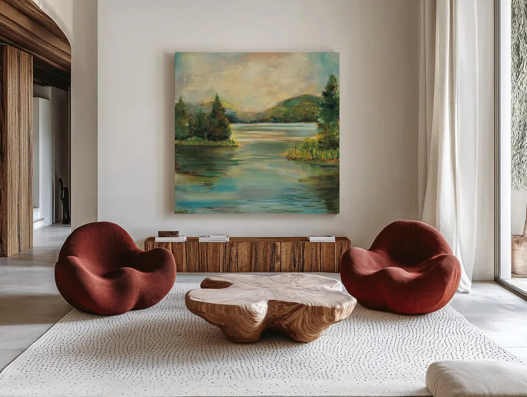 Silver Lake by Sue Schlabach. Shown as extra-large giant wall art in a modern living room. Available as an archival giclee rolled canvas, fine art paper, or poster print. SKU 36117a.