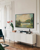 Silver Lake Crop by Sue Schlabach. shown as a framed stretched canvas in a living room above a console. Available as a archival giclee rolled canvas, fine art paper, or poster print. SKU 36117i.