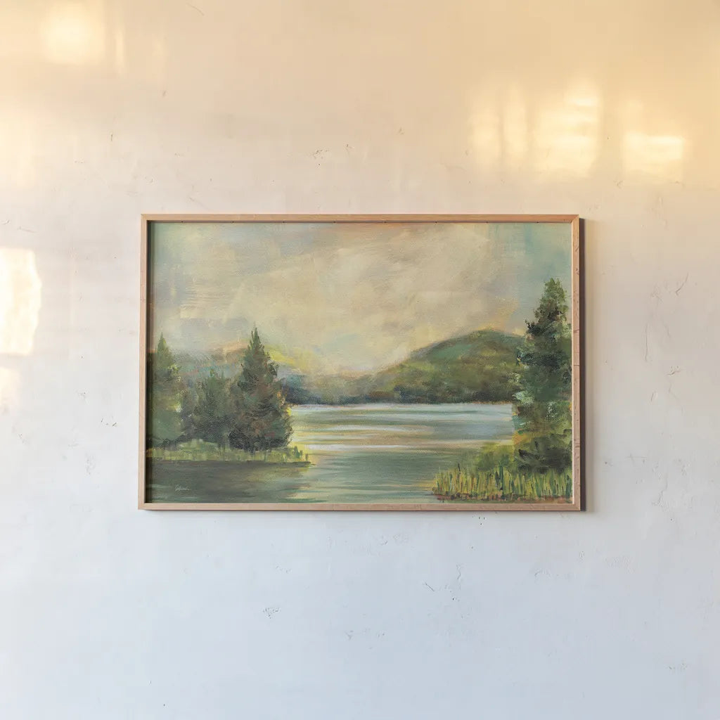 Silver Lake Crop by Sue Schlabach. shown as a paper print in a natural frame. Available as a archival giclee rolled canvas, fine art paper, or poster print. SKU 36117i.