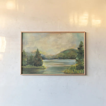 Silver Lake Crop by Sue Schlabach. shown as a paper print in a natural frame. Available as a archival giclee rolled canvas, fine art paper, or poster print. SKU 36117i.