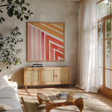 Skatepark II by Sue Schlabach. Shown in a natural wood frame in a cozy modern living room. Available as an archival giclee rolled canvas, fine art paper, or poster print. SKU 65506a.