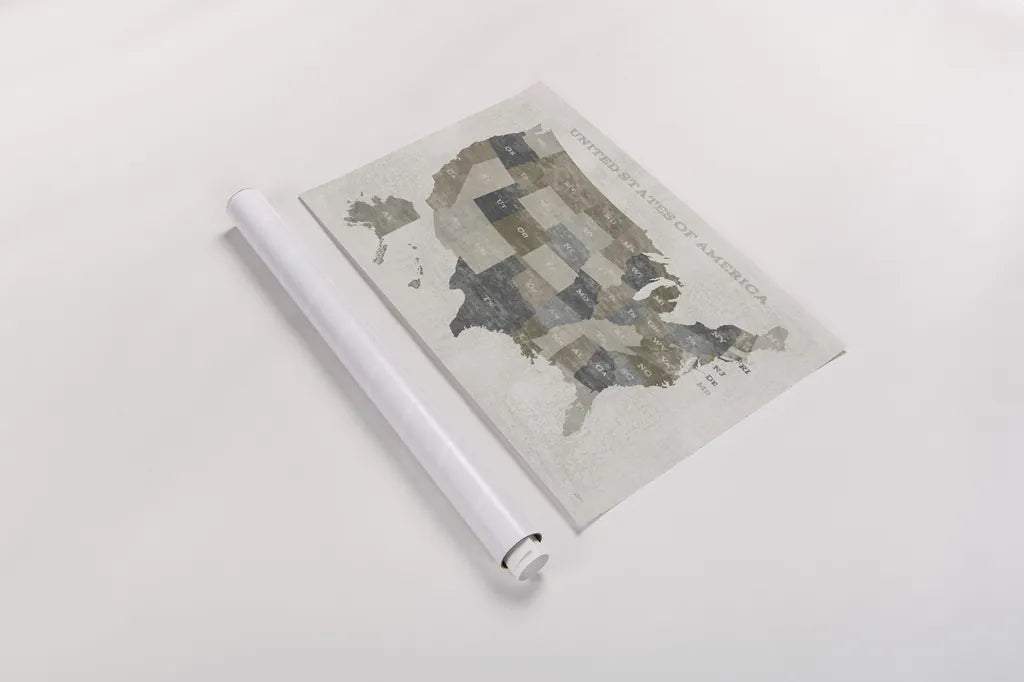 Slate US Map by Sue Schlabach. shown as a rolled paper print. Available as archival giclee rolled canvas, fine art paper, or poster print. SKU 57293i.