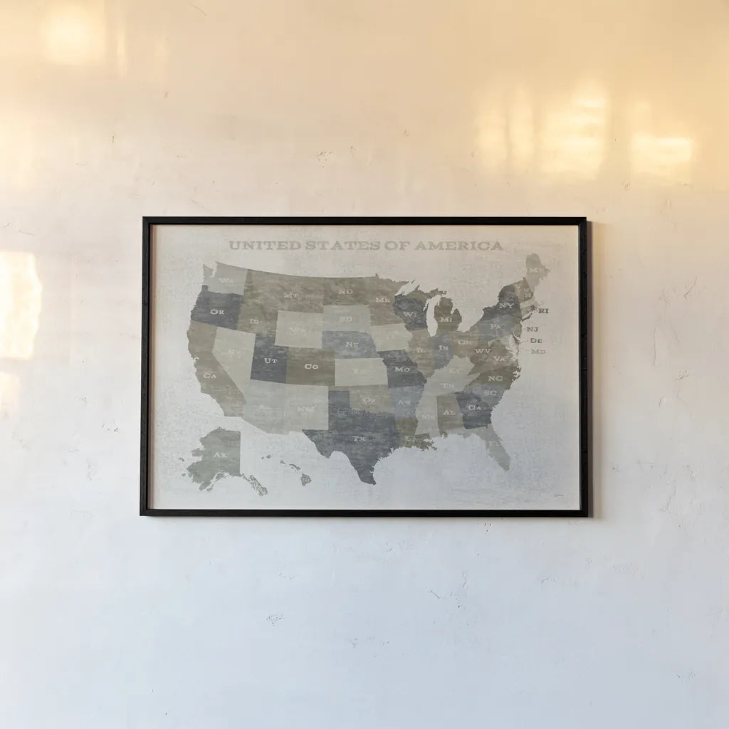Slate US Map by Sue Schlabach. shown as a paper print in a black flame. Available as a archival giclee rolled canvas, fine art paper, or poster print. SKU 57293i.