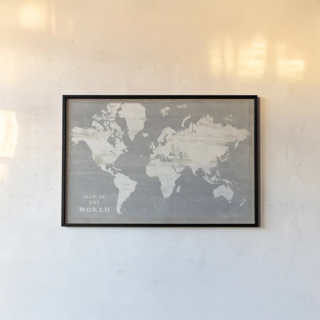 Slate World Map by Sue Schlabach. shown as a paper print in a black flame. Available as a archival giclee rolled canvas, fine art paper, or poster print. SKU 51520i.